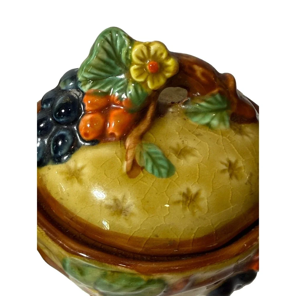 Vintage Majolica Ceramic Fruit Candy Dish Lid Pedestal Sugar Bowl Vintage